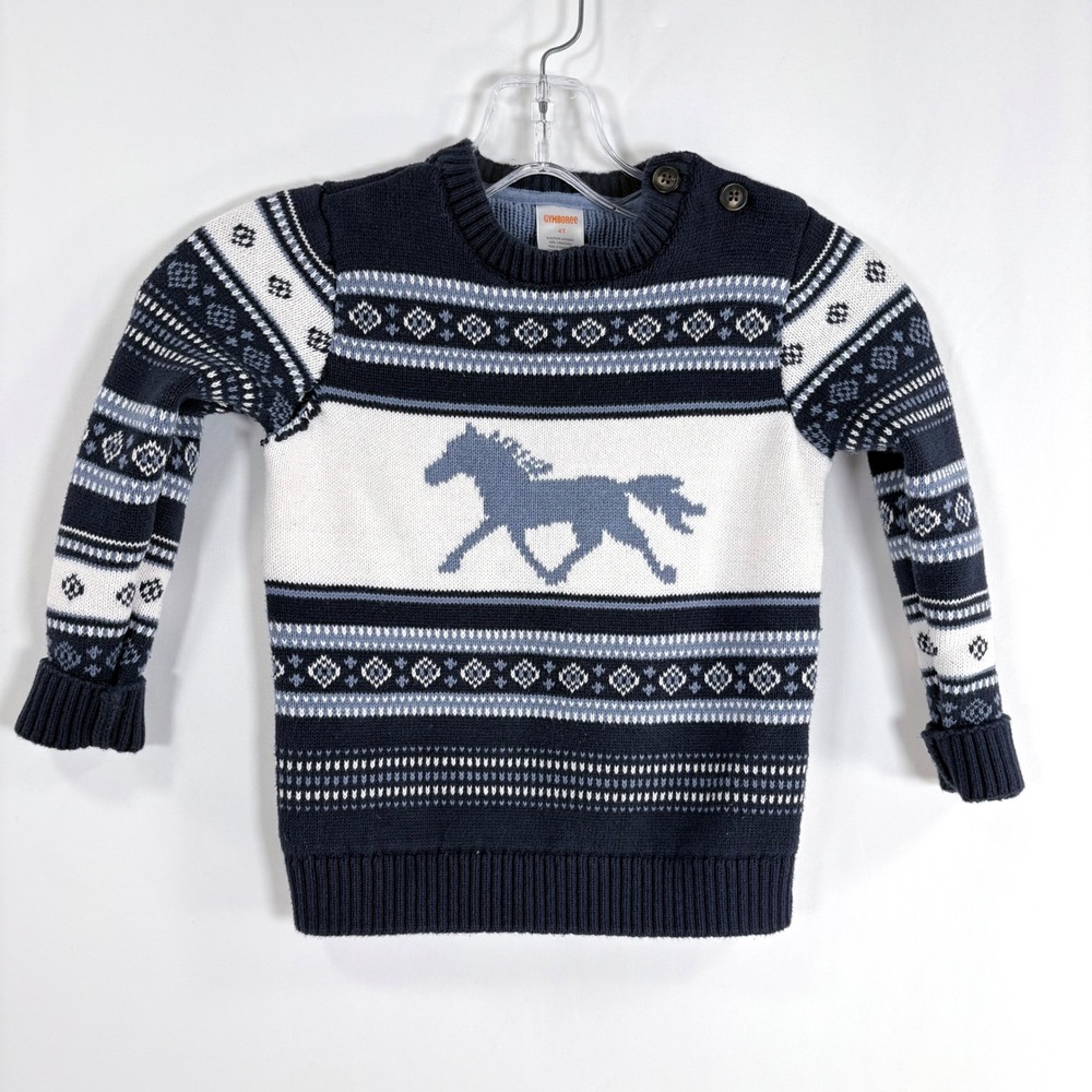 Gymboree Sweater Navy Blue Horse Fair Isle Knit Cotton Kids 4T 7000444